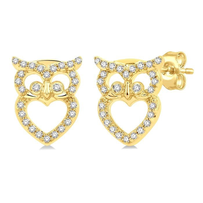 1/6 Ctw Petite Owl Round Cut Diamond Fashion Stud Earrings in 10K Yellow Gold