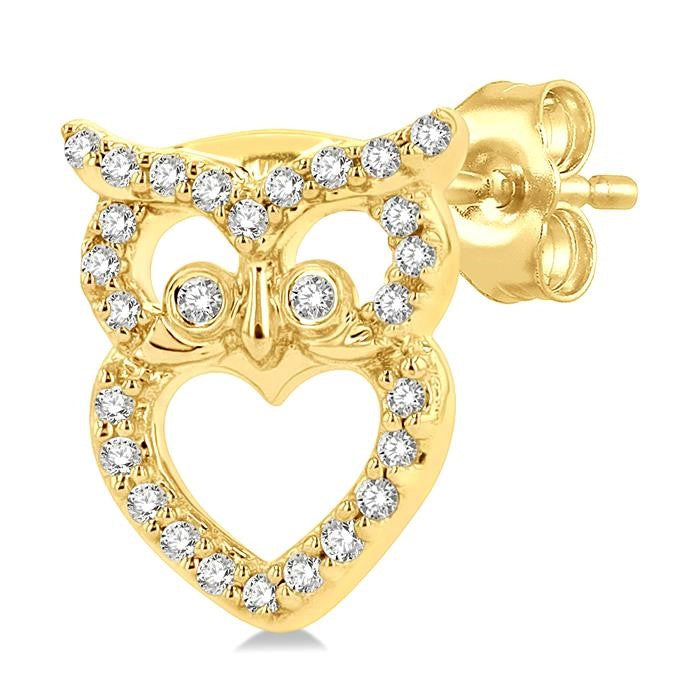 1/6 Ctw Petite Owl Round Cut Diamond Fashion Stud Earrings in 10K Yellow Gold