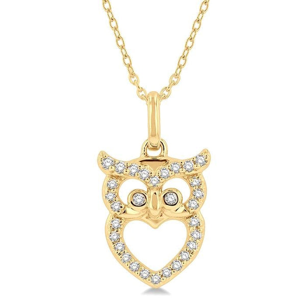 1/8 Ctw Owl Frame Petite Round Cut Diamond Fashion Pendant With Chain in 10K Yellow Gold