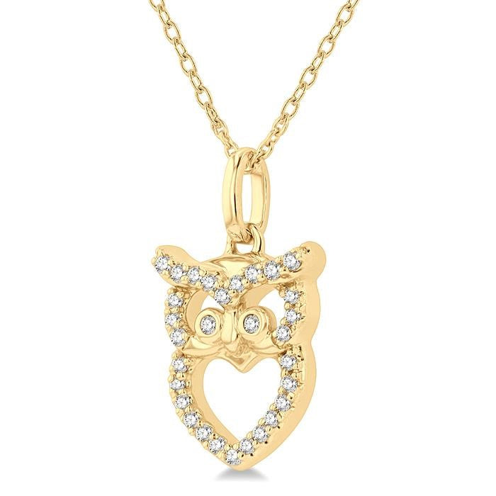 1/8 Ctw Owl Frame Petite Round Cut Diamond Fashion Pendant With Chain in 10K Yellow Gold