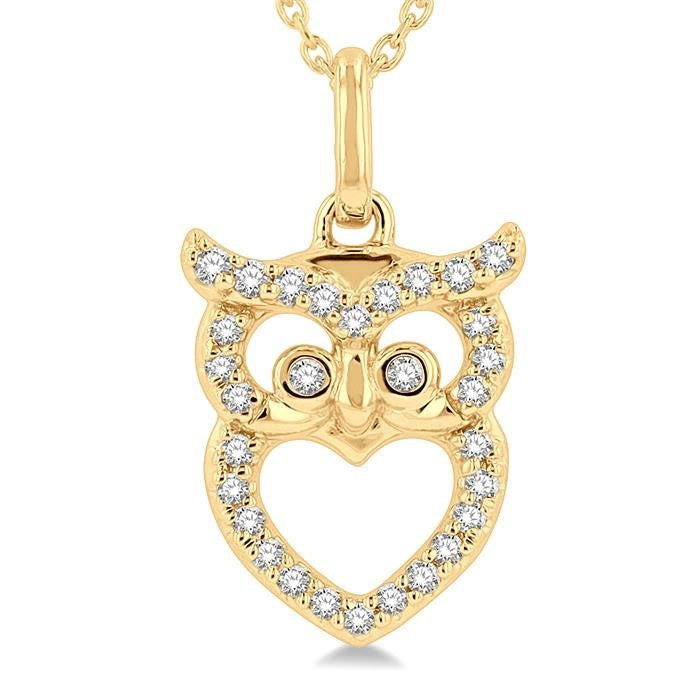 1/8 Ctw Owl Frame Petite Round Cut Diamond Fashion Pendant With Chain in 10K Yellow Gold