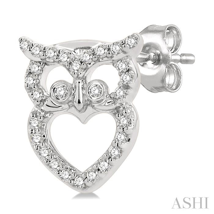 1/6 Ctw Petite Owl Round Cut Diamond Fashion Stud Earrings in 10K White Gold