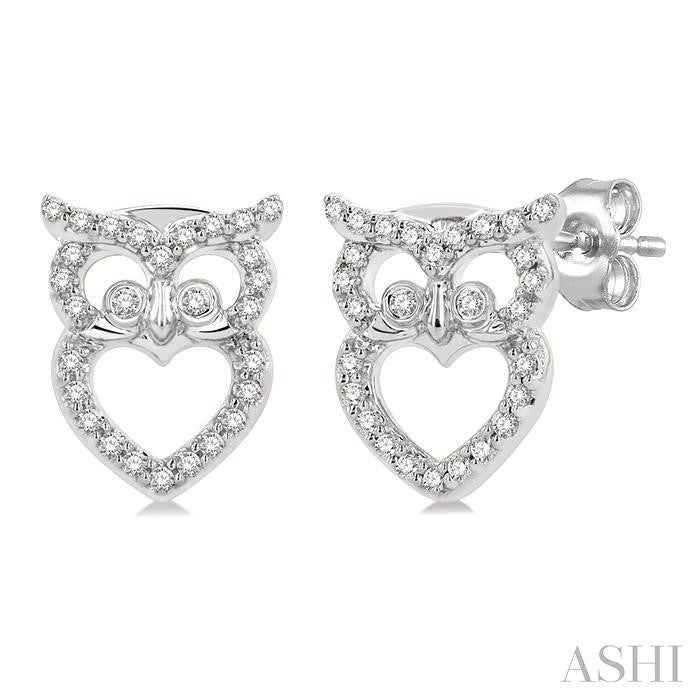 1/6 Ctw Petite Owl Round Cut Diamond Fashion Stud Earrings in 10K White Gold