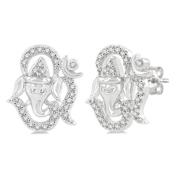 1/6 Ctw Petite Ganesha in 'OM' Symbol Round Cut Diamond Fashion Stud Earrings in 10K White Gold