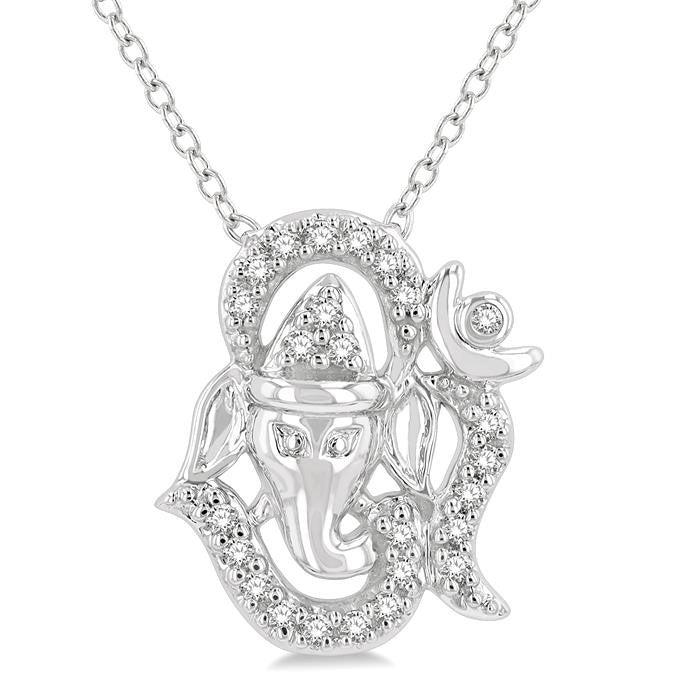 1/10 Ctw Ganesha in OM Petite Round Cut Diamond Fashion Pendant With Chain in 10K White Gold