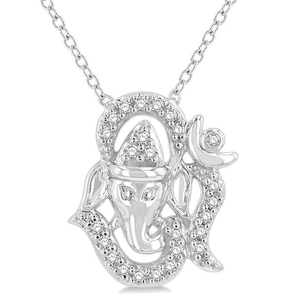 1/10 Ctw Ganesha in OM Petite Round Cut Diamond Fashion Pendant With Chain in 10K White Gold