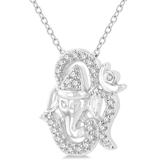 1/10 Ctw Ganesha in OM Petite Round Cut Diamond Fashion Pendant With Chain in 10K White Gold