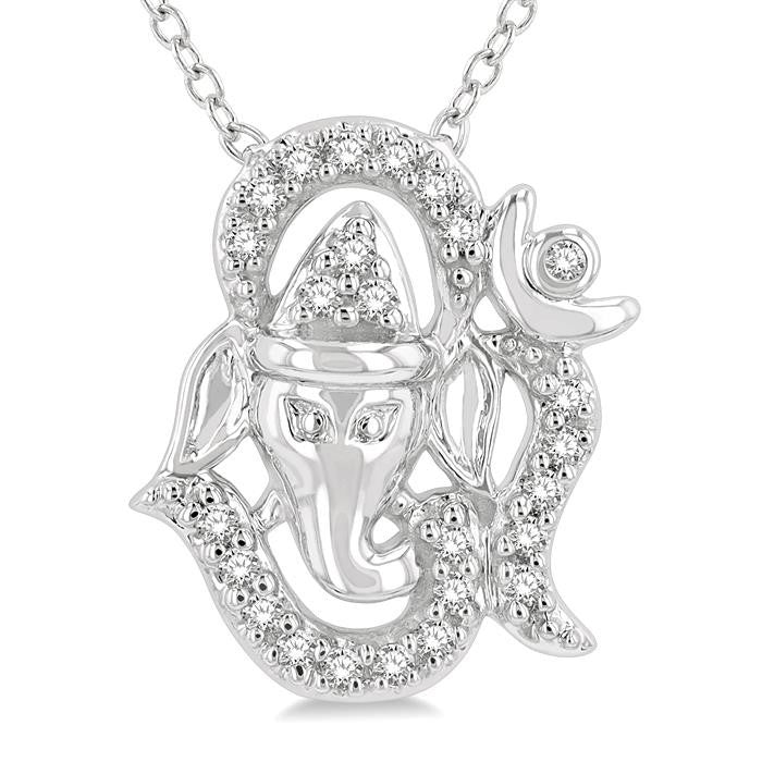 1/10 Ctw Ganesha in OM Petite Round Cut Diamond Fashion Pendant With Chain in 10K White Gold