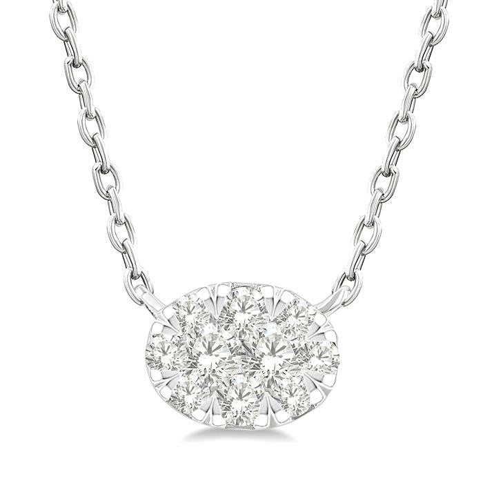 1/10 Ctw Shine Bright Petite East-West Set Oval Shape Round Cut Diamond Fashion Pendant With Chain in 10K Yellow and White Gold