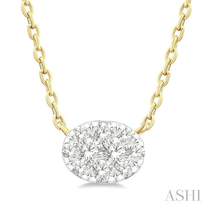 1/10 Ctw Shine Bright Petite East-West Set Oval Shape Round Cut Diamond Fashion Pendant With Chain in 10K Yellow Gold