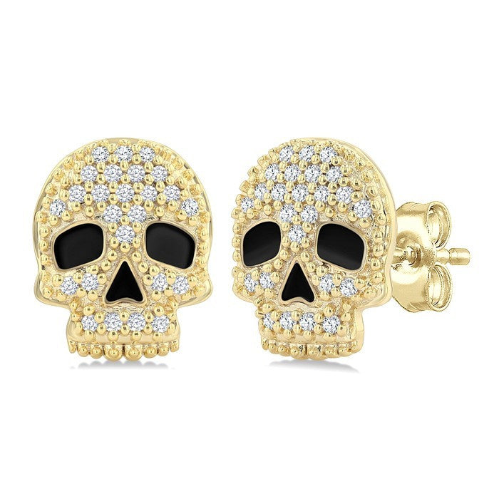 1/6 Ctw Petite Skull Round Cut Diamond Fashion Earrings in 10K Yellow Gold