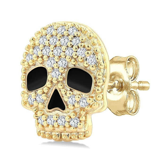 1/6 Ctw Petite Skull Round Cut Diamond Fashion Earrings in 10K Yellow Gold