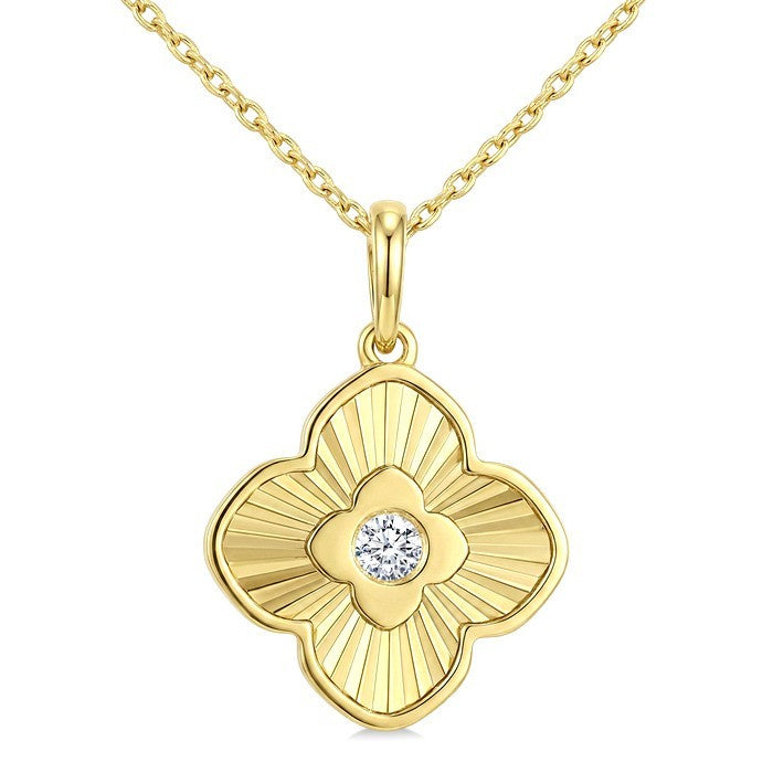 1/20 Ctw Round Cut Diamond Pirouette Fluted Texture Clover Fashion Pendant With Chain in 10K Yellow Gold
