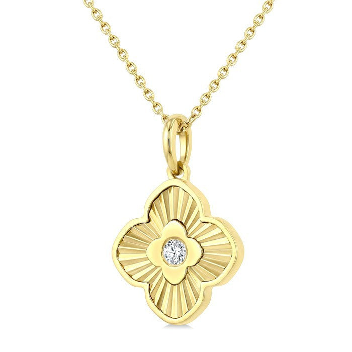 1/20 Ctw Round Cut Diamond Pirouette Fluted Texture Clover Fashion Pendant With Chain in 10K Yellow Gold