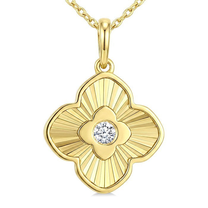 1/20 Ctw Round Cut Diamond Pirouette Fluted Texture Clover Fashion Pendant With Chain in 10K Yellow Gold