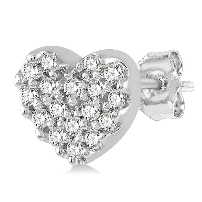 1/10 Ctw Heart Charm Round Cut Diamond Petite Fashion Earrings in 14K White Gold