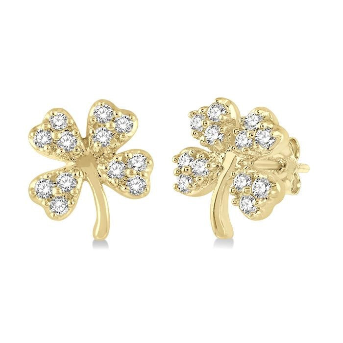 1/10 Ctw Four-Leaf Clover Round Cut Diamond Petite Fashion Earrings in 10K Yellow Gold