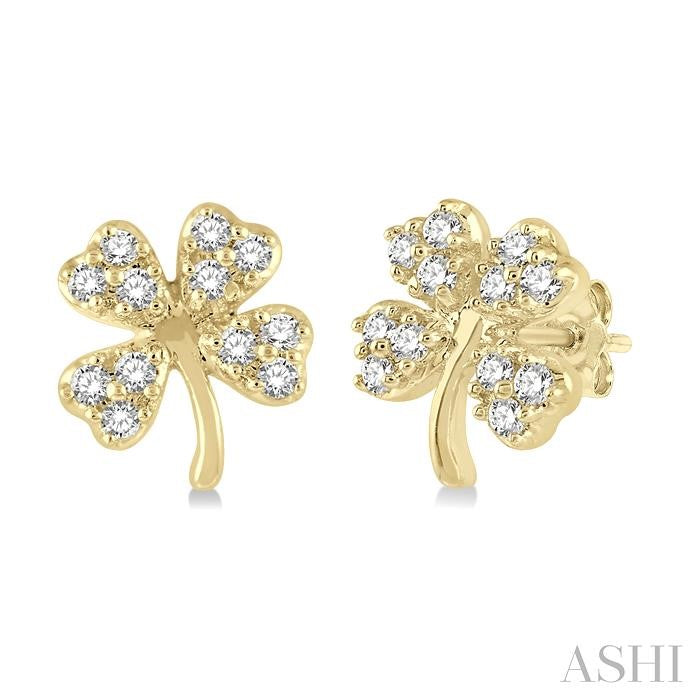 1/10 Ctw Four-Leaf Clover Round Cut Diamond Petite Fashion Earrings in 14K Yellow Gold