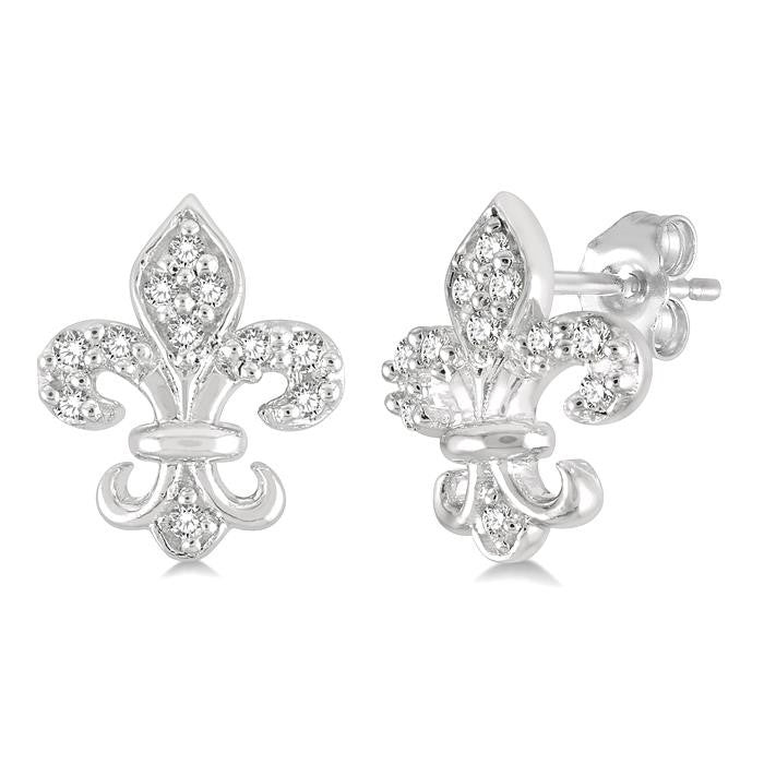 1/20 Ctw Fleur De Lis Round Cut Diamond Petite Earrings in 10K White Gold