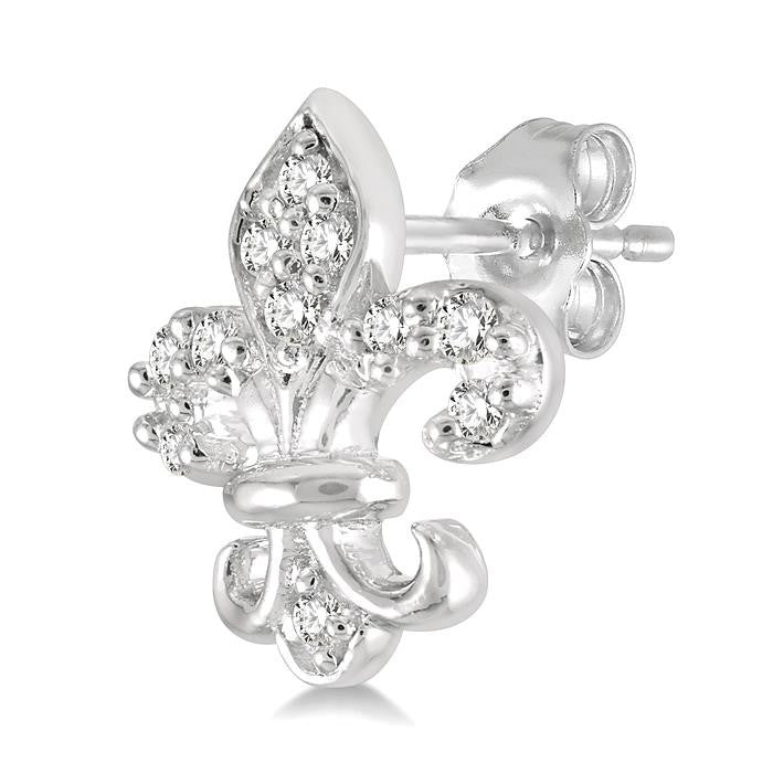 1/20 Ctw Fleur De Lis Round Cut Diamond Petite Earrings in 10K White Gold