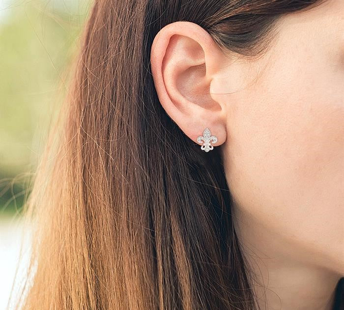 1/20 Ctw Fleur De Lis Round Cut Diamond Petite Earrings in 10K White Gold