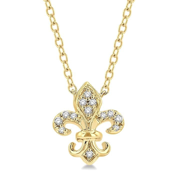 1/20 Ctw Fleur De Lis Round Cut Diamond Petite Fashion Pendant With Chain in 10K Yellow Gold