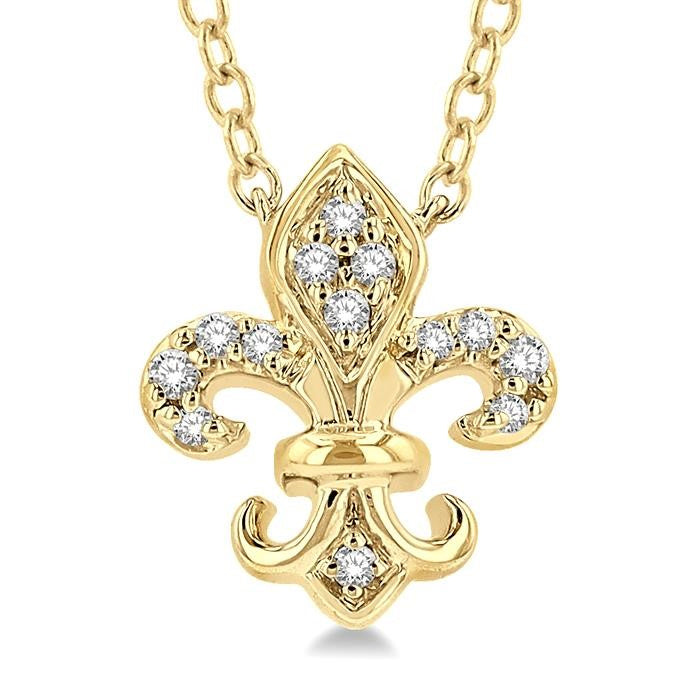 1/20 Ctw Fleur De Lis Round Cut Diamond Petite Fashion Pendant With Chain in 10K Yellow Gold