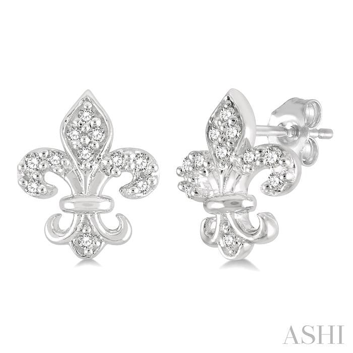 1/20 Ctw Fleur De Lis Round Cut Diamond Petite Earrings in 10K White Gold