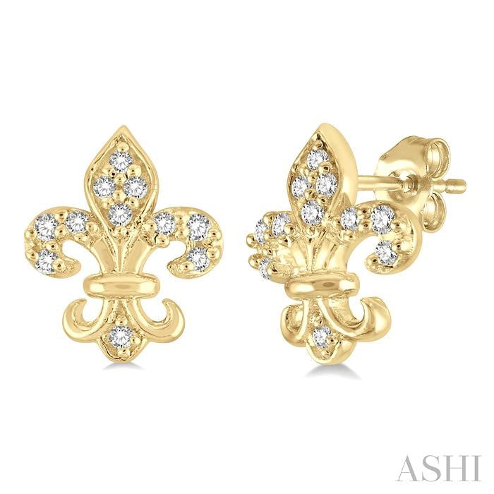 1/20 Ctw Fleur De Lis Round Cut Diamond Petite Earrings in 10K Yellow Gold