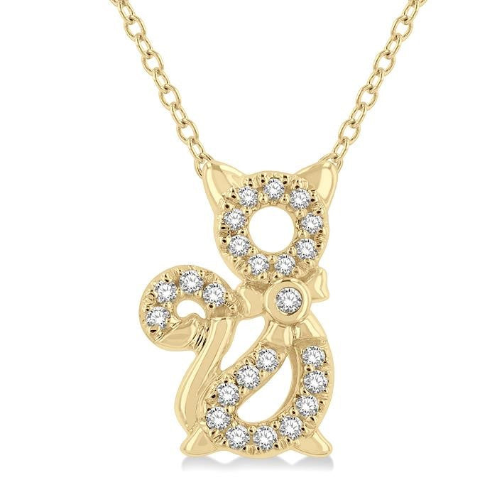 1/10 Ctw Cat Motif Petite Round Cut Diamond Fashion Pendant With Chain in 10K Yellow Gold