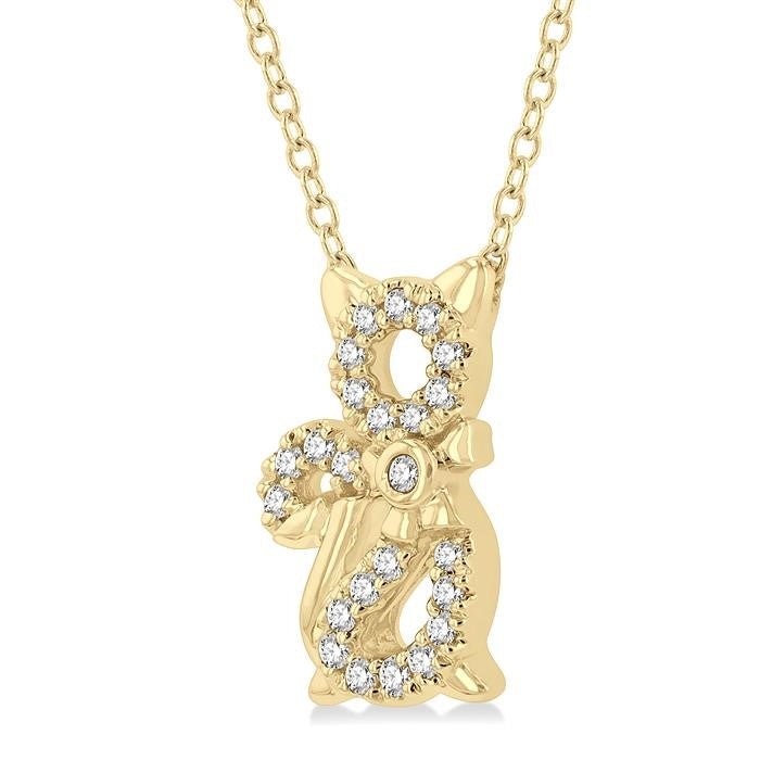 1/10 Ctw Cat Motif Petite Round Cut Diamond Fashion Pendant With Chain in 10K Yellow Gold