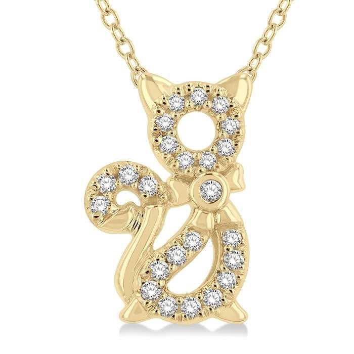 1/10 Ctw Cat Motif Petite Round Cut Diamond Fashion Pendant With Chain in 10K Yellow Gold