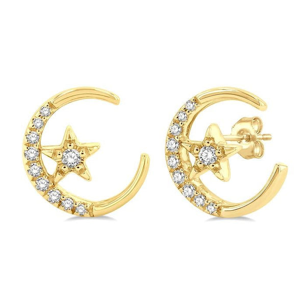 1/10 Ctw Crescent Moon and Star Round Cut Petite Diamond Fashion Stud Earrings in 10K Yellow Gold
