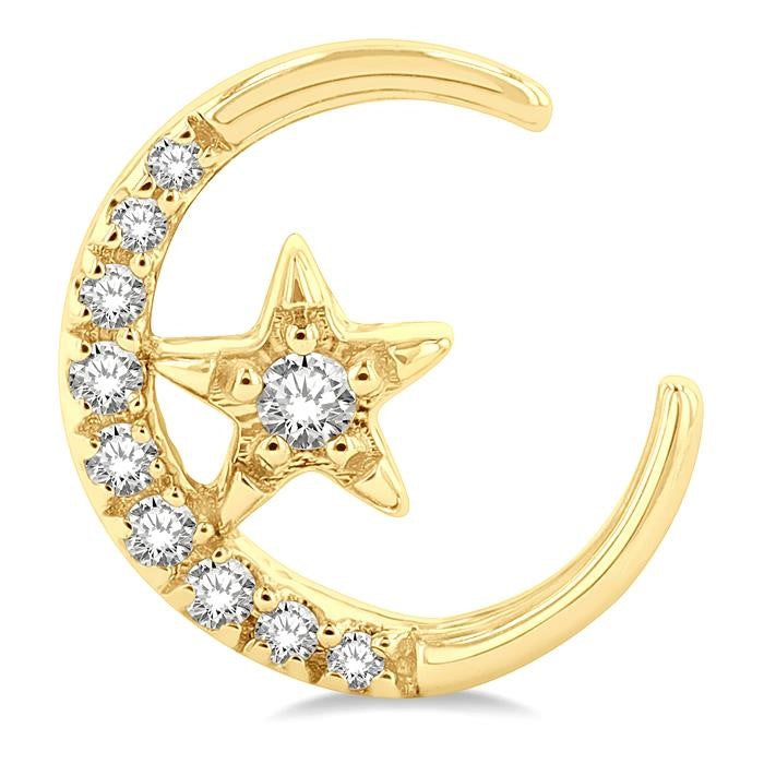 1/10 Ctw Crescent Moon and Star Round Cut Petite Diamond Fashion Stud Earrings in 10K Yellow Gold