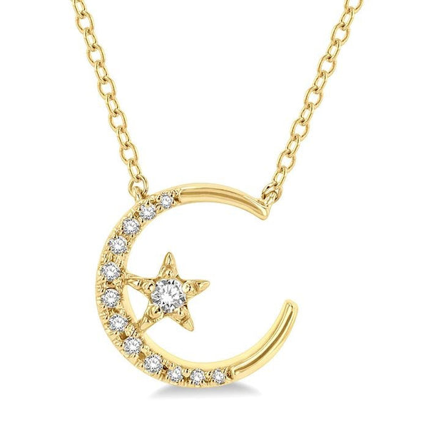 1/10 Ctw Crescent Moon and Star Round Cut Petite Diamond Fashion Pendant With Chain in 10K Yellow Gold