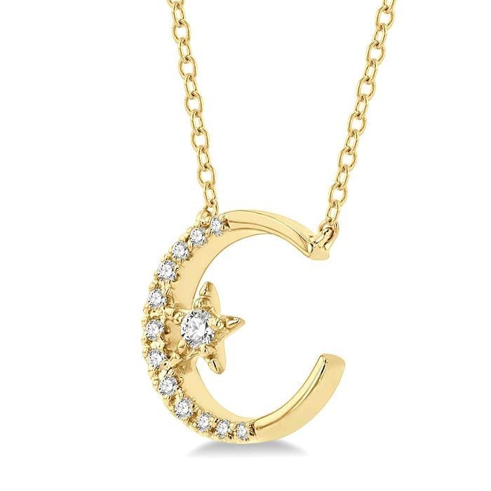 1/10 Ctw Crescent Moon and Star Round Cut Petite Diamond Fashion Pendant With Chain in 10K Yellow Gold