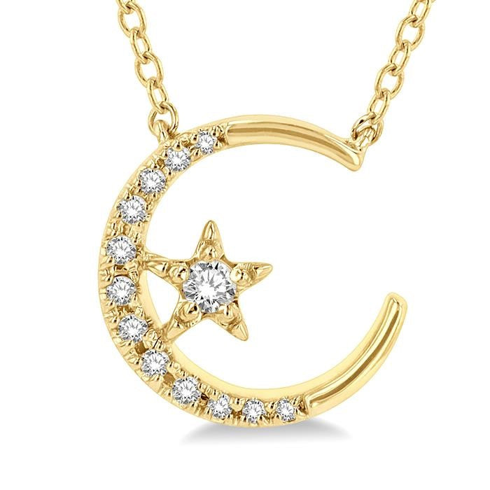 1/10 Ctw Crescent Moon and Star Round Cut Petite Diamond Fashion Pendant With Chain in 10K Yellow Gold