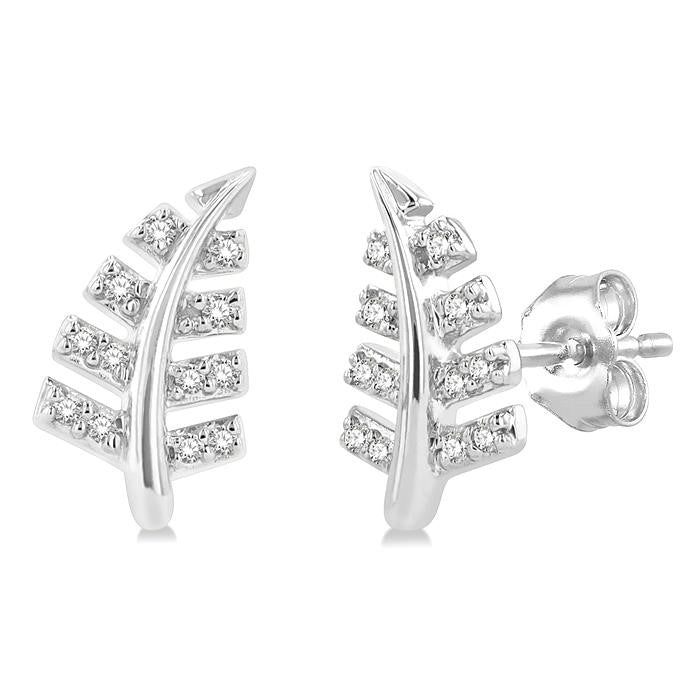 1/10 Ctw Fern Leaf Petite Round Cut Diamond Fashion Stud Earrings in 10K White Gold