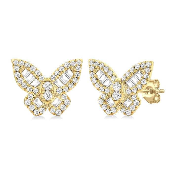 1/2 Ctw Butterfly Petite Baguette and Round Cut Diamond Butterfly Petite Fashion Stud Earrings in 14K Yellow Gold