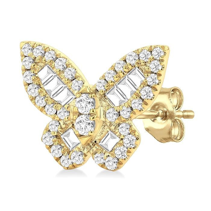 1/2 Ctw Butterfly Petite Baguette and Round Cut Diamond Butterfly Petite Fashion Stud Earrings in 14K Yellow Gold
