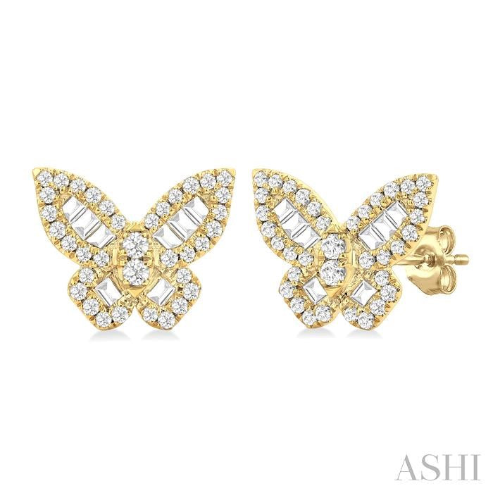 1/2 Ctw Butterfly Petite Baguette and Round Cut Diamond Butterfly Petite Fashion Stud Earrings in 14K Yellow Gold