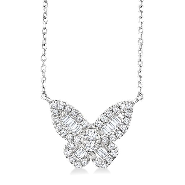 1/3 Ctw Petite Butterfly Baguette and Round Cut Diamond Fashion Pendant With Chain in 14K White Gold