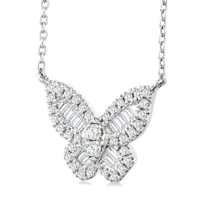 1/3 Ctw Petite Butterfly Baguette and Round Cut Diamond Fashion Pendant With Chain in 14K White Gold