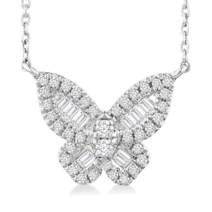 1/3 Ctw Petite Butterfly Baguette and Round Cut Diamond Fashion Pendant With Chain in 14K White Gold