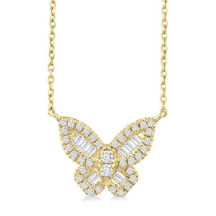 1/3 Ctw Petite Butterfly Baguette and Round Cut Diamond Fashion Pendant With Chain in 14K Yellow Gold