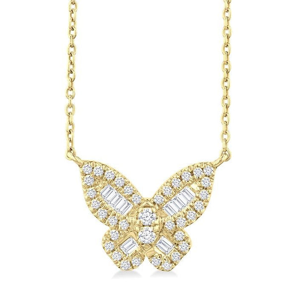 1/3 Ctw Petite Butterfly Baguette and Round Cut Diamond Fashion Pendant With Chain in 14K Yellow Gold