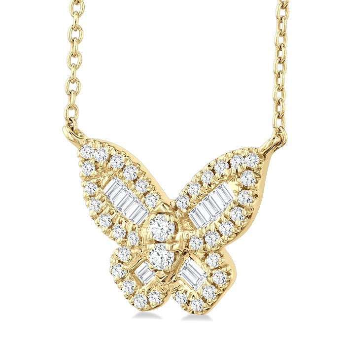 1/3 Ctw Petite Butterfly Baguette and Round Cut Diamond Fashion Pendant With Chain in 14K Yellow Gold