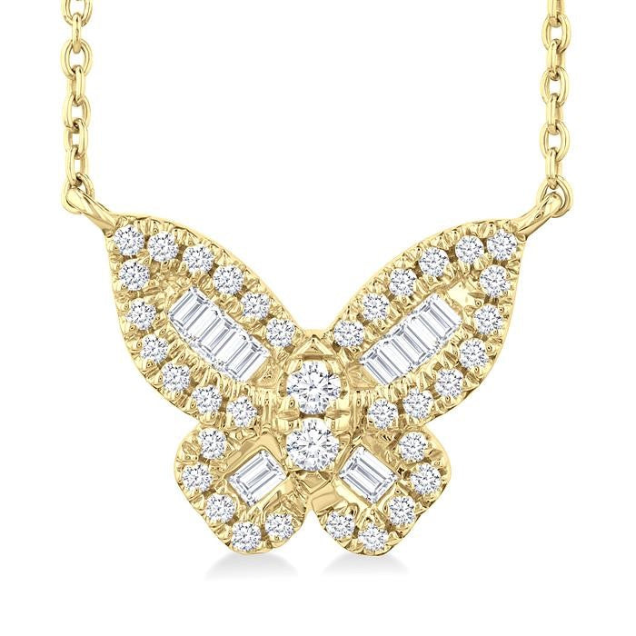 1/3 Ctw Petite Butterfly Baguette and Round Cut Diamond Fashion Pendant With Chain in 14K Yellow Gold