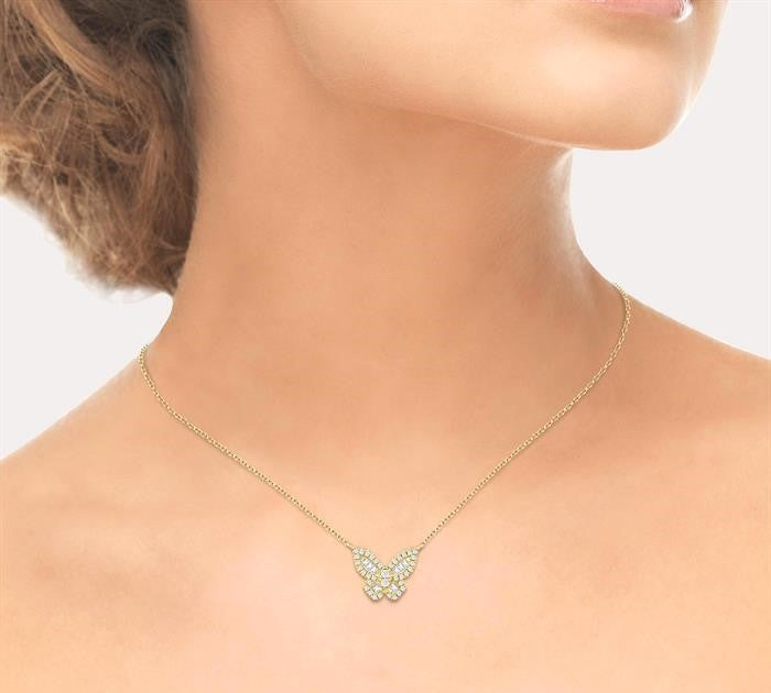 1/3 Ctw Petite Butterfly Baguette and Round Cut Diamond Fashion Pendant With Chain in 14K Yellow Gold
