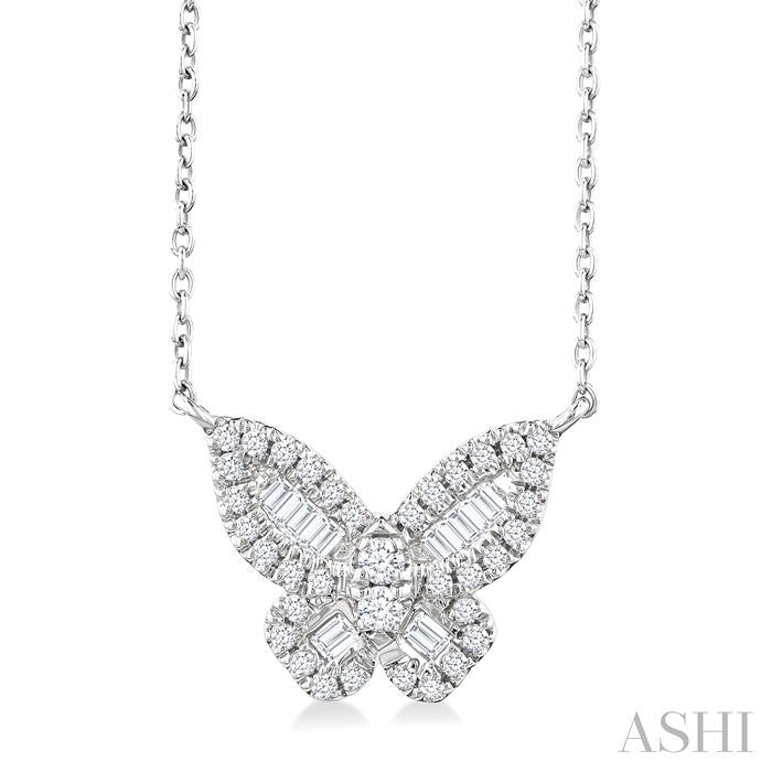 1/3 Ctw Petite Butterfly Baguette and Round Cut Diamond Fashion Pendant With Chain in 14K White Gold